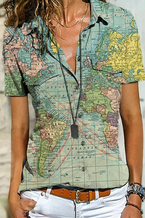 Casual Short Sleeve Shirts & Tops Map Shirt