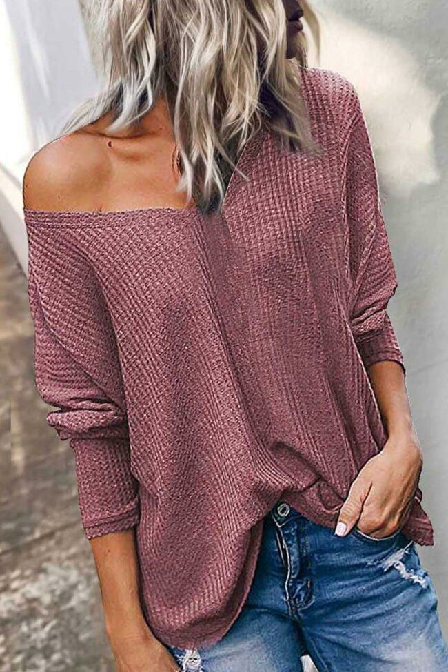 Casual V Neck Dull Red Long Sleeve Blouse