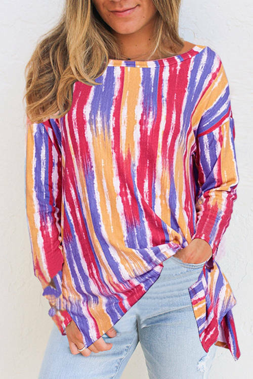 Color Red Vertical Stripe Printed Long-Sleeved T-Shirt