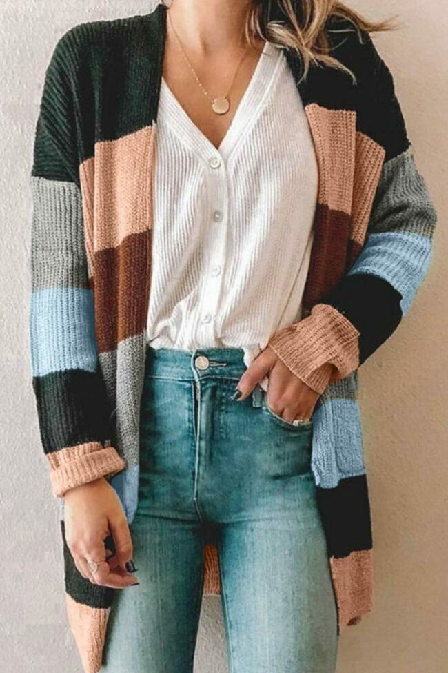 Color-lump Patchwork Striped Cardigan
