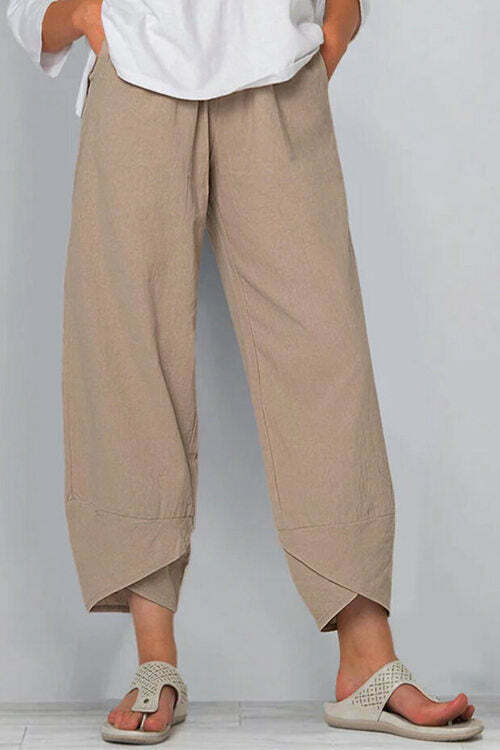 Cotton  Linen Elastic Waist Nine - Minute Trousers