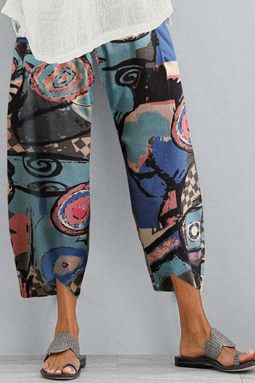 Cotton Linen Printed Cropped Trousers