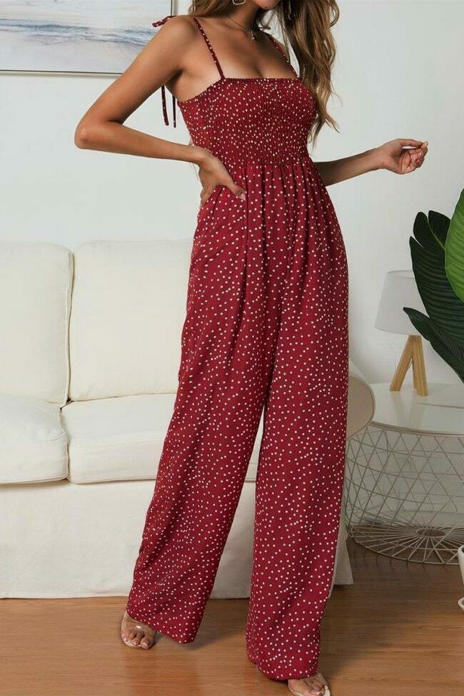 Dot Printed Wine Red One-piece Jumpsuit