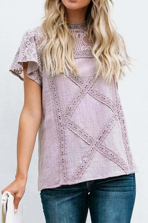 Geometry Lace Patchwork Round Neck T-Shirt