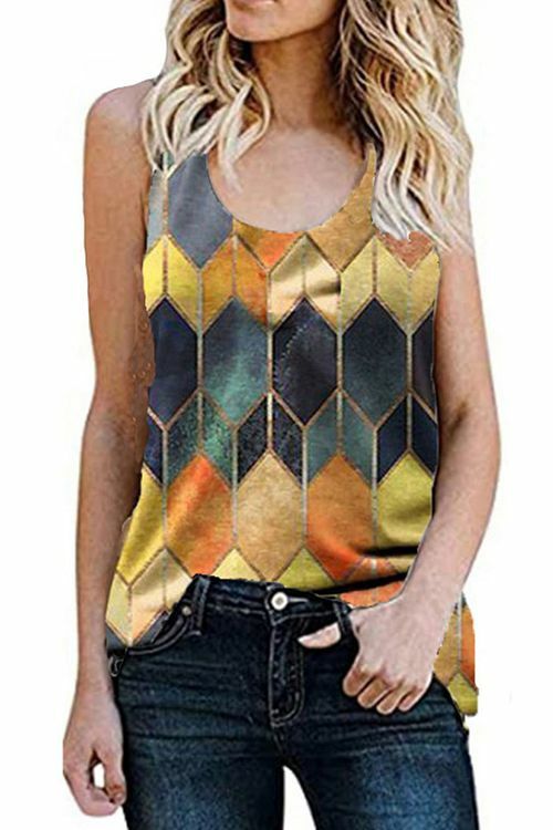 Geometric Pattern Printed Round Neck Sleeveless T-Shirt Women