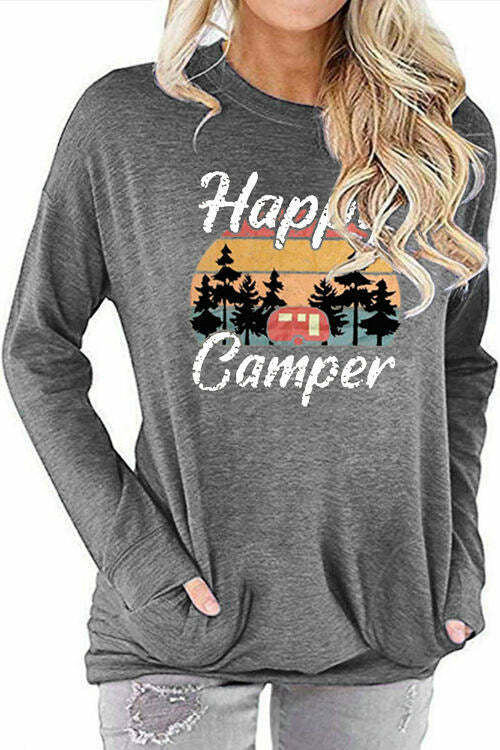 Happy Camper Print Crew Neck Bat Long Sleeve T-Shirt