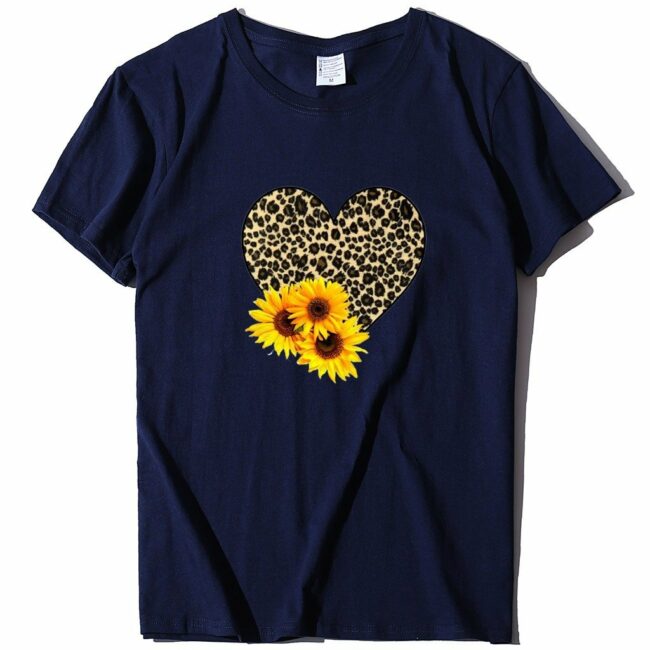 Leopard heart sunflower loose T-shirt