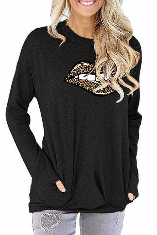 Leopard Print Lip Pocket Sweater Long Sleeve T-Shirt