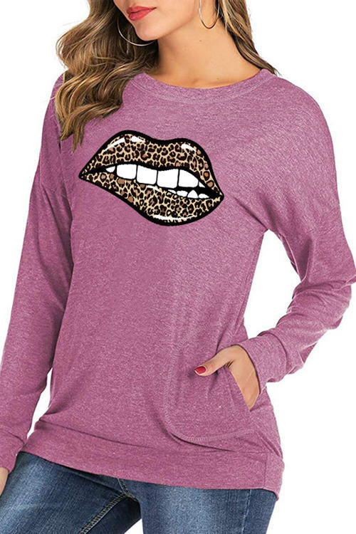 Leopard Print Lip Pocket Sweater Long Sleeve T-Shirt
