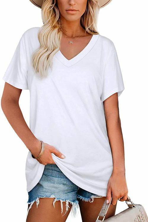 Loose Fashion Solid Color Ribbed V-Neck Short-Sleeved T-Shirt