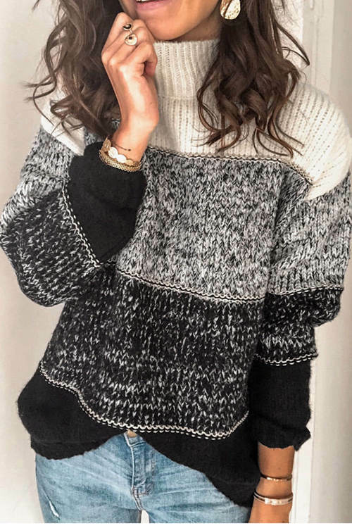 Mixed Color Stripe Stitching High Neck Contrast Sweater