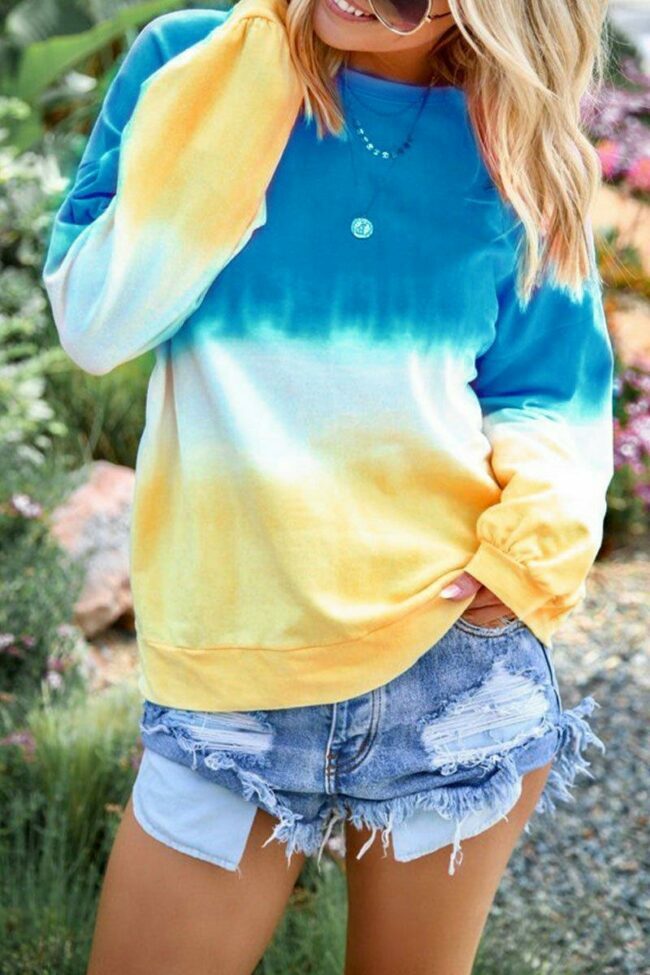 O Neck Tie Dye Patchwork Long Sleeve T-Shirt (4 Colors)