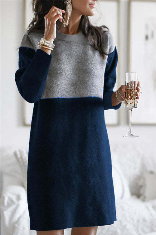 Patchwork Loose Round Neck Long Sleeve Dress