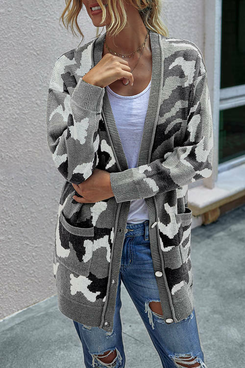 Camouflage Mid-Length Knitted Cardigan