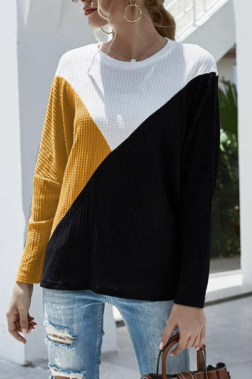 Round Neck Long Sleeve Contrast Stitching Knit Blouse