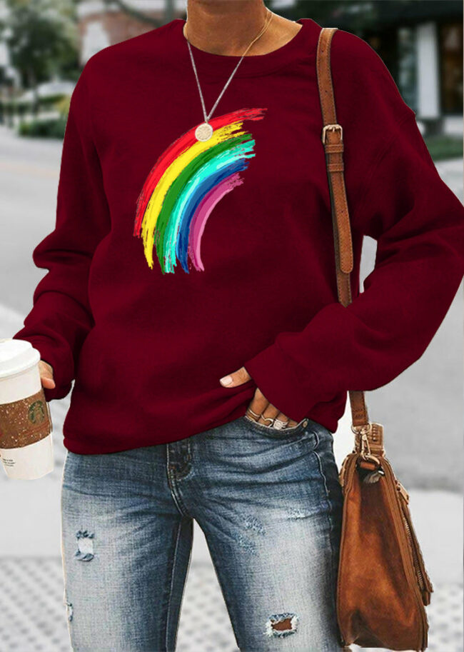 Round Neck Pullover Rainbow Print Sweatshirt