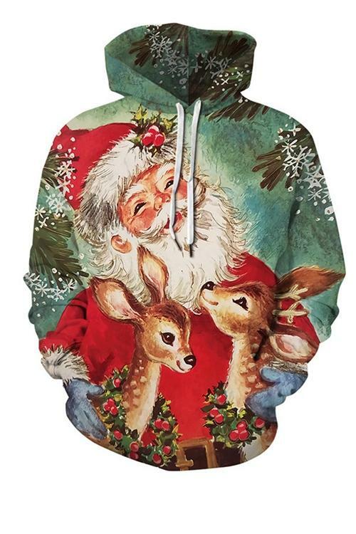 Santa Claus And Moose Print Long Sleeve Hoodie