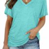 Solid Color Bat Sleeve Side Pleated V-Neck Short-Sleeved T-Shirt Women