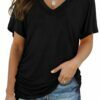 Solid Color Bat Sleeve Side Pleated V-Neck Short-Sleeved T-Shirt Women
