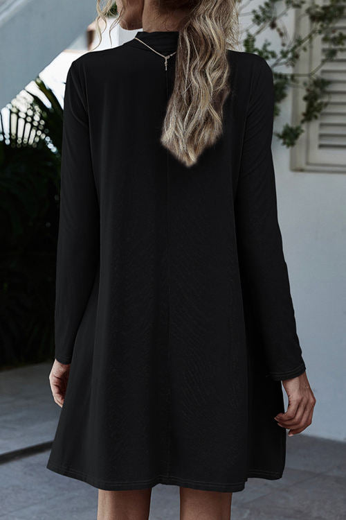 Solid Color Long Sleeve Stand Collar Pocket Dress