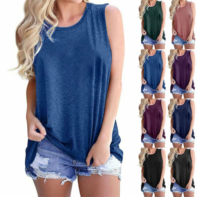 Solid Color Round Neck Casual Sleeveless T-Shirt
