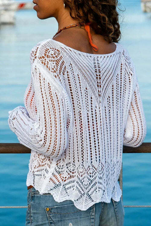 Solid Color Sexy V-Neck Hollow Thin Knit Blouse