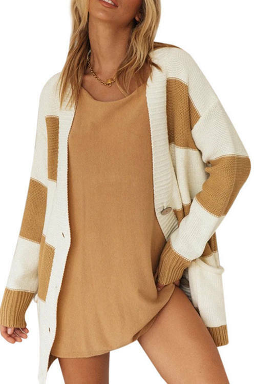 Striped Colorblock Single-Breasted Pocket Cardigan
