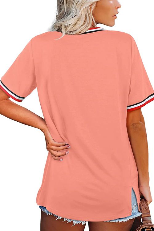 Striped Stitching Loose Short-Sleeved V-Neck T-Shirt
