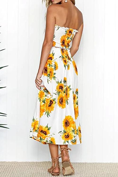 Sunflower Floral Crop Top Maxi Skirt Set 2 Piece Outfit Dress