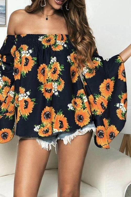 Sunflower Print Flare Sleeve Bardot Blouse