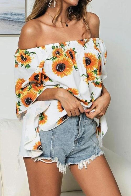 Sunflower Print Flare Sleeve Bardot Blouse