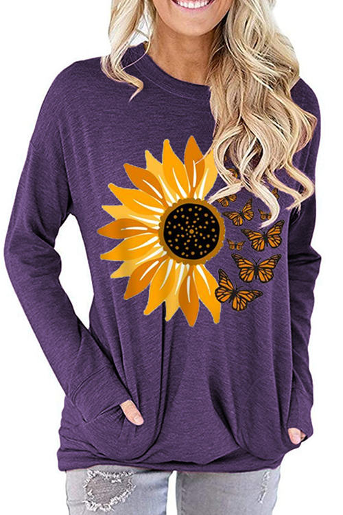 Sunflower Print Loose Round Neck Long Sleeve T-Shirt