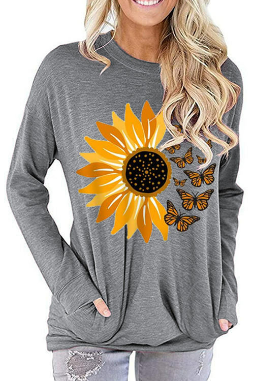 Sunflower Print Loose Round Neck Long Sleeve T-Shirt