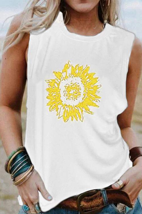 Sunflower Print Sleeveless Tank Top