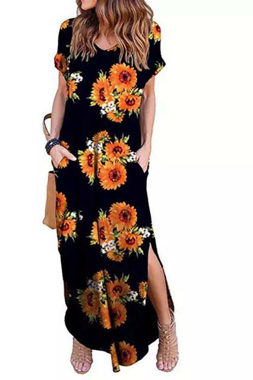 Sunflower Printed V-Neck Pocket Maxi Dress