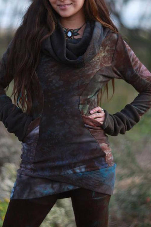Tie-Dyed Mid-Length Gradient Loose Long-Sleeved Pocket Blouse