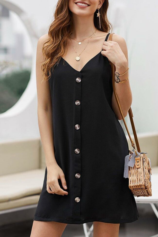 V Neck Buttons Design Sleeveless Black Mini Dress