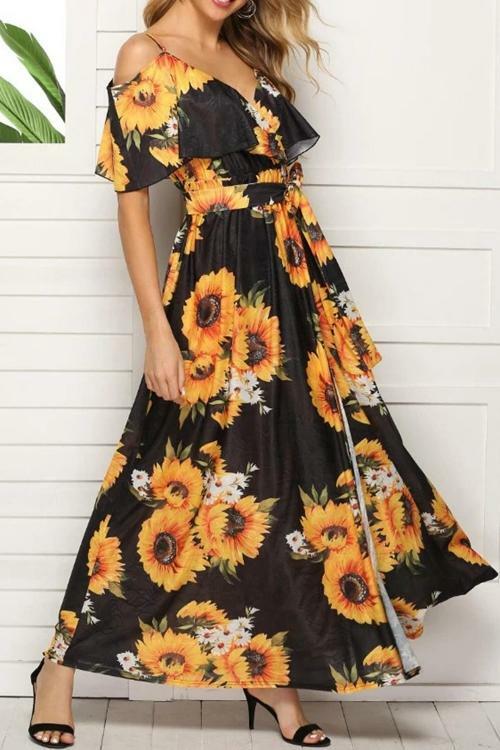 V Neck Sunflower Printed Casual Dresses
