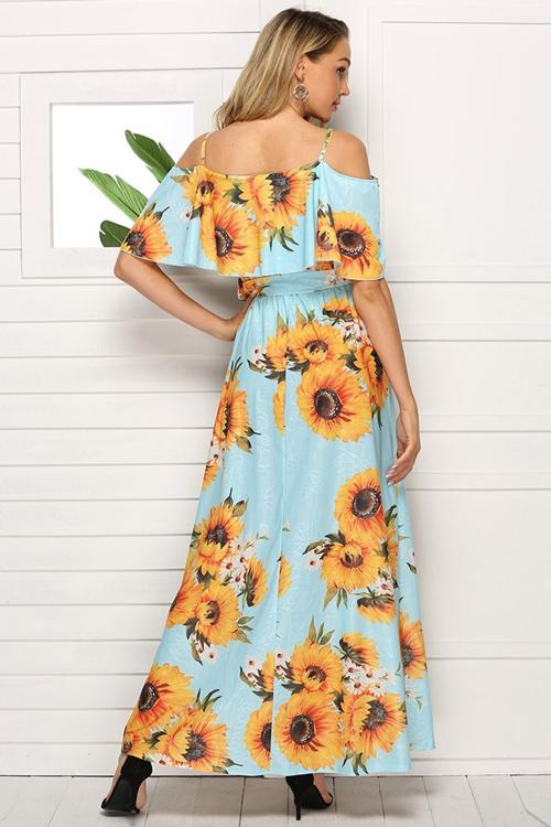 V Neck Sunflower Printed Casual Dresses