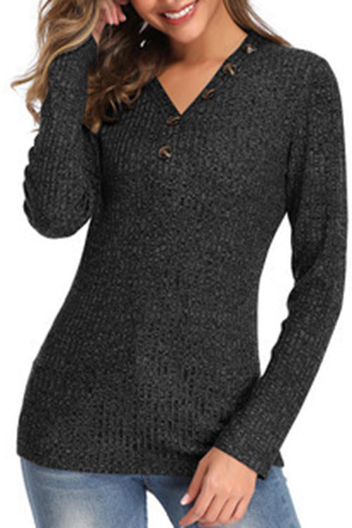 V-Neck Button Solid Color Pullover Sweater