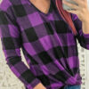 V-Neck Long Sleeve Knotted Checked Shirt