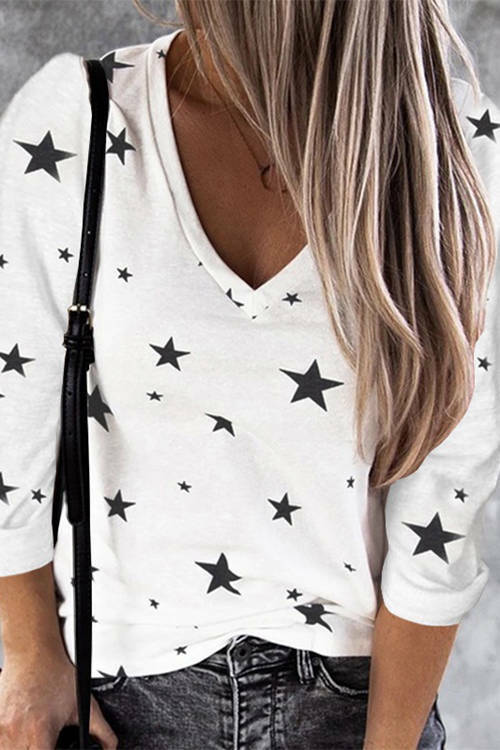 V-Neck Star Print  Long Sleeve  T-Shirt