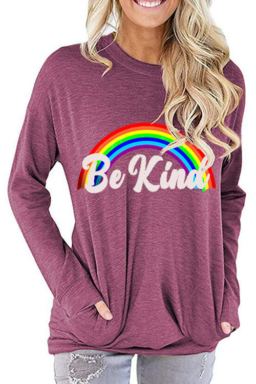 BE KIND Letter Print Loose Round Neck Long Sleeve T-Shirt