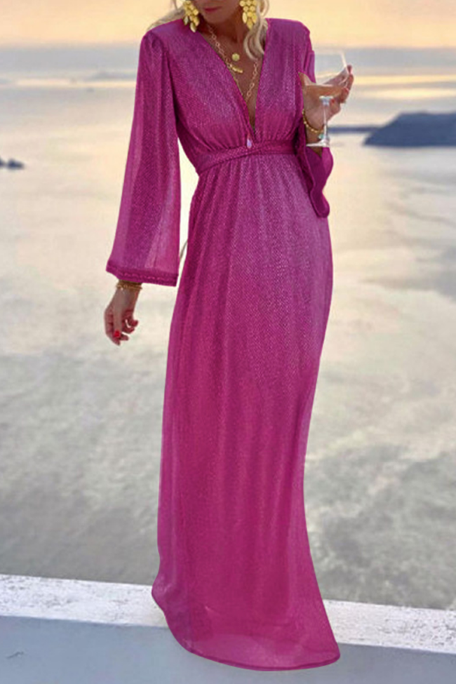 Fashion Elegant Solid Patchwork Fold V Neck Evening Dress Dresses