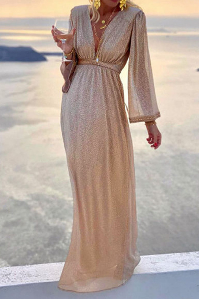 Fashion Elegant Solid Patchwork Fold V Neck Evening Dress Dresses