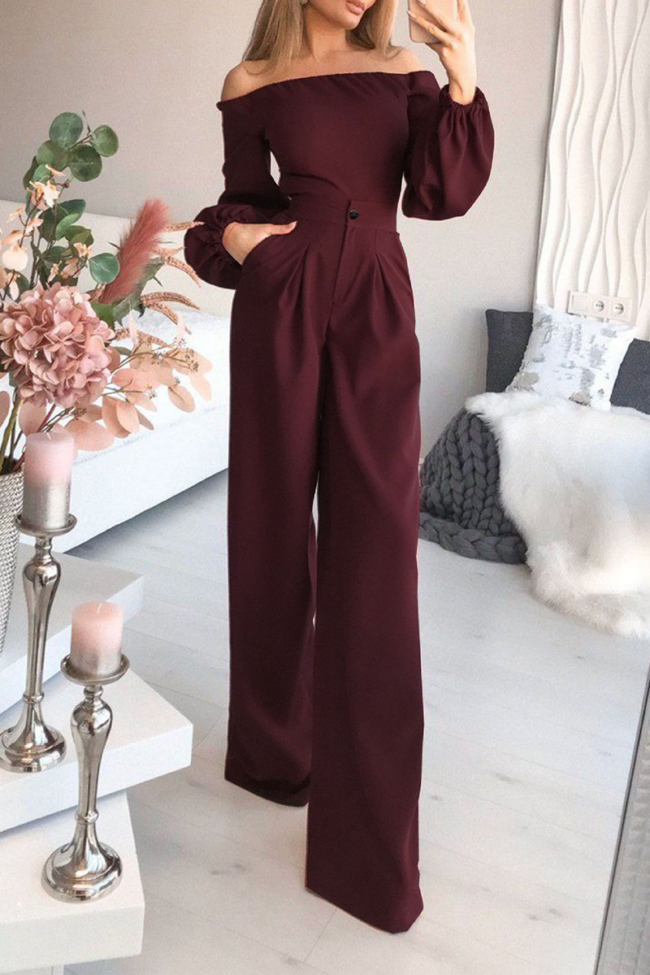 Casual Solid Patchwork Off the Shoulder Straight Jumpsuits(4 Colors)