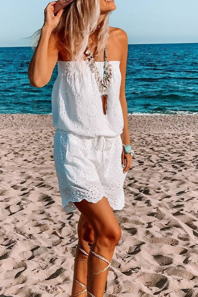Casual Solid Lace Strapless Straight Jumpsuits