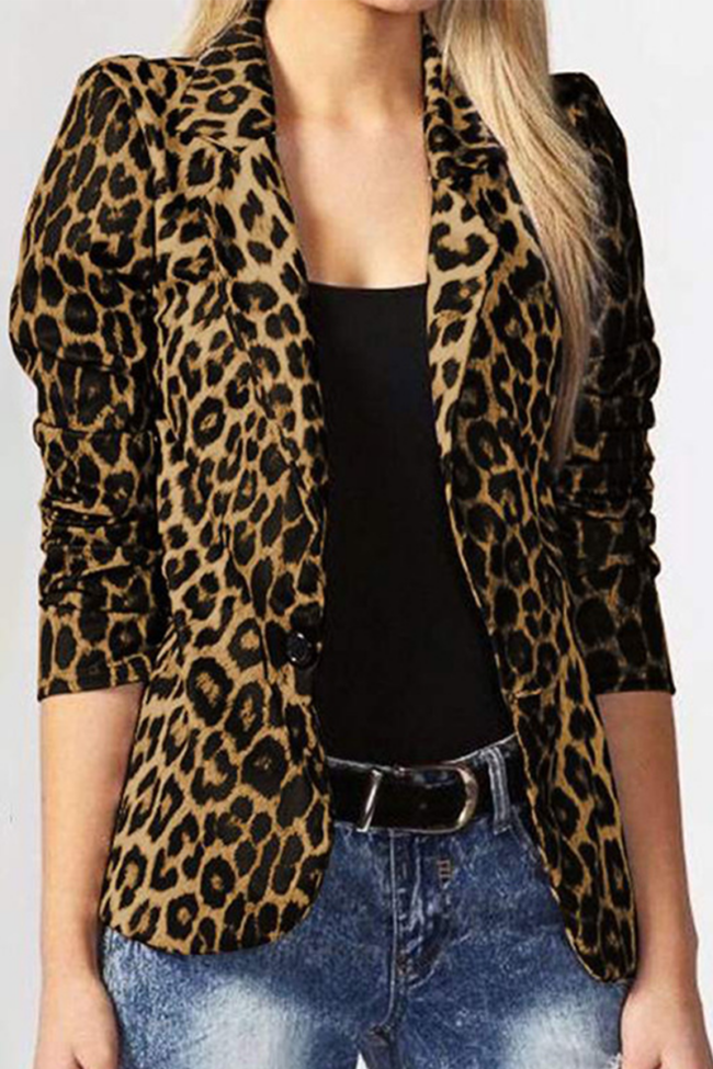 Casual Leopard Split Joint Turndown Collar Outerwear(3 colors)