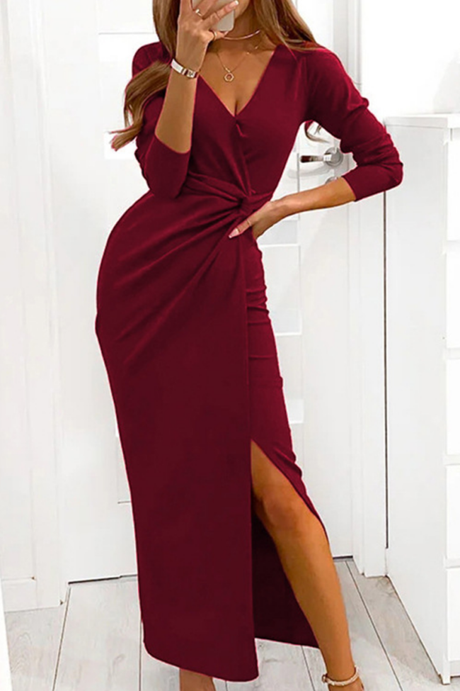 Fashion Elegant Solid Slit Fold V Neck Dresses