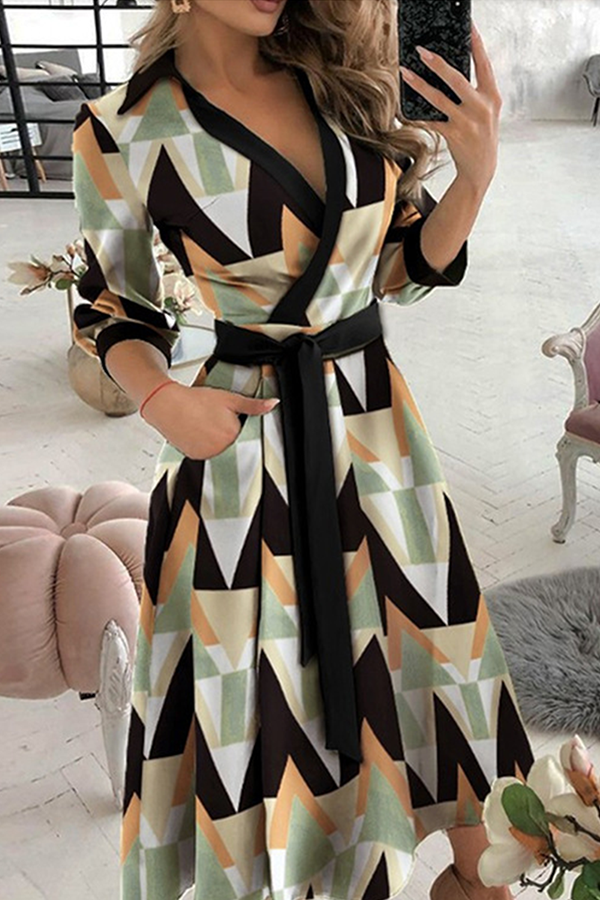 Fashion Elegant Print Solid Patchwork Frenulum V Neck A Line Dresses(10 Colors)
